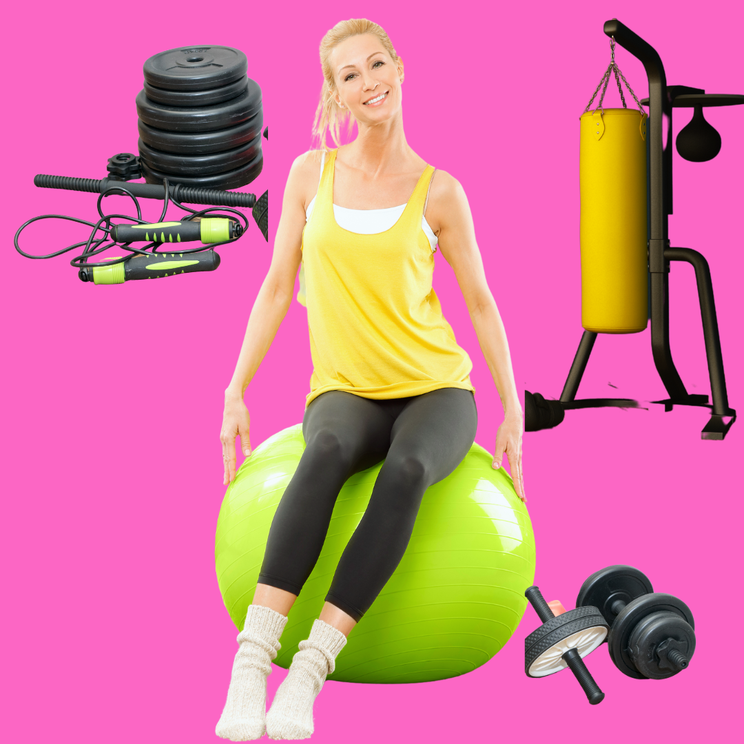 Blonde-woman-sitting-on-a-pilates-ball-surrounded-by-other-home-fitness-equipment